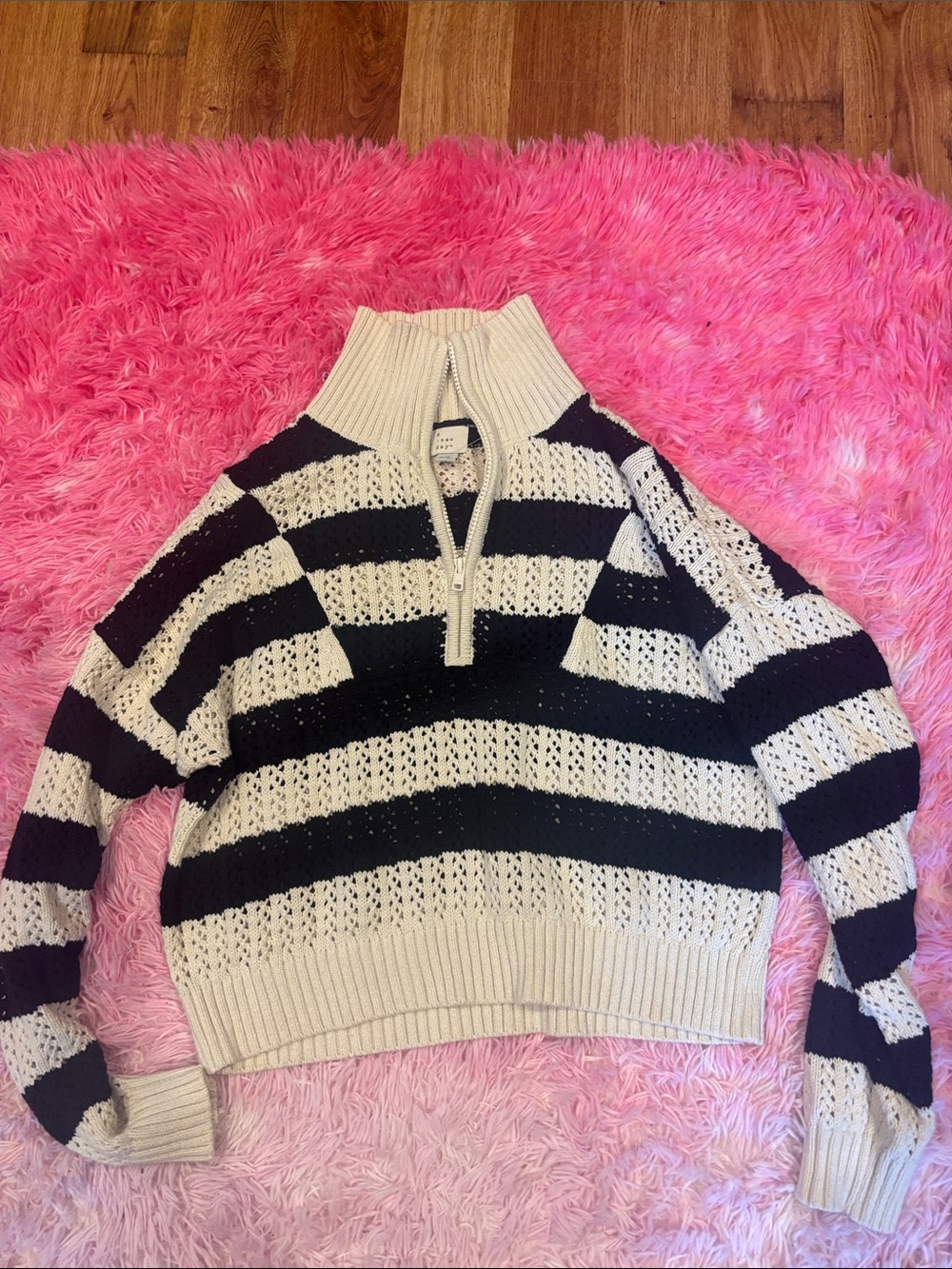 a new day Black and Cream Striped Half-Zip Turtleneck Sweater